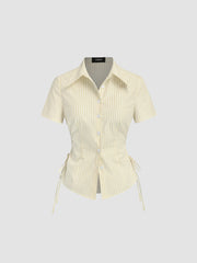 Cotton-blend Polo Collar Stripe Drawstring Knotted Shirt