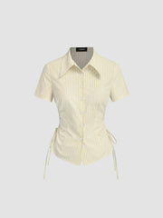 Cotton-blend Polo Collar Stripe Drawstring Knotted Shirt