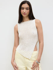 Knitted Boat Neck Asymmetrical Hem Split Top