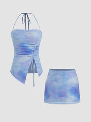 Mesh Halter Neckline Illusion Drawstring Cami Top & Low Rise Mini Skirt Set