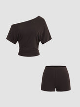 CDR Asymmetrical Neck Ruched Top & Mid Rise Micro Shorts Set