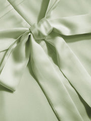 Satin Boat Neck Metal Detail Ruched Knotted Ruffle Midi Dress