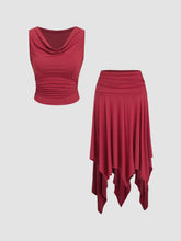 Cowl Neck Ruched Tank Top & Mid Rise Asymmetrical Ruffle Hem Skirt Set