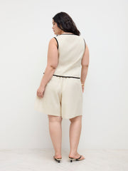 Linen-blend Boat Neck Contrasting Binding Vest Curve & Plus