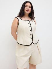 Linen-blend Boat Neck Contrasting Binding Vest Curve & Plus