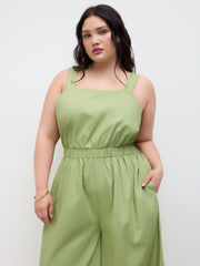 Cotton Square Neck Elastic Waist Wide Leg Jumpsuit Curve & Plus
