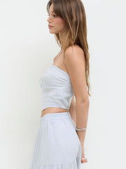Cotton-blend Stripe Ruched Shirred Bandeau Top & Mid Rise Tiered Skirt Set