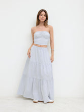 Cotton-blend Stripe Ruched Shirred Bandeau Top & Mid Rise Tiered Skirt Set