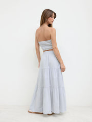 Cotton-blend Stripe Ruched Shirred Bandeau Top & Mid Rise Tiered Skirt Set