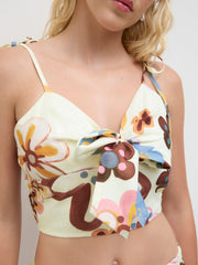 V-neck Floral Bowknot Shirred Crop Cami Top