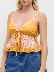 V-neck Floral Knotted Ruffle Hem Cami Top