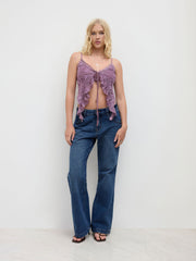 V-neck Lace Trim Ruffle Hem Tie Front Cami Top