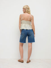 Linen-blend V-neck Crochet Shirred Ruffle Hem Cami Top