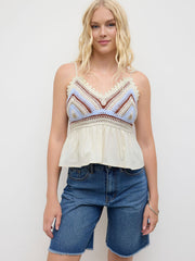 Linen-blend V-neck Crochet Shirred Ruffle Hem Cami Top