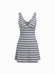 Cotton-blend V-neck Stripe Mini Dress