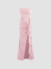 Woven Strapless Solid Ruched Maxi Dress
