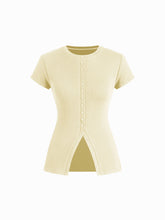 Cotton-blend Round Neckline Solid Button Short Sleeve Top