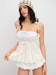 Knit Floral Hollow Out Bowknot Crochet Ruffle Bandeau Top