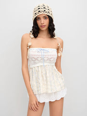 Knit Floral Hollow Out Bowknot Crochet Ruffle Bandeau Top