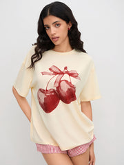 Cotton-blend Round Neckline Bowknot Cherry Graphic Oversized Tee