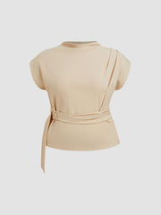 Stand Collar Belted Ruched Top Curve & Plus