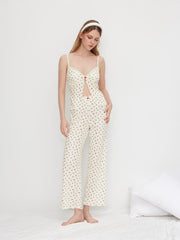 V-neck Ditsy Floral Lace Trim Split Cami Top & Mid Rise Wide Leg Trousers Loungewear Set