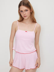 Square Neck Bowknot Contrasting Binding Cami Top & Low Rise Lettuce Trim Shorts Loungewear Set