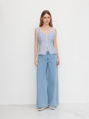 Cotton-blend Sweetheart Stripe Lace Trim Knotted Tank Top