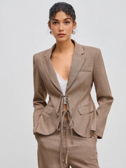 Notched Collar Houndstooth Tie Front Blazer