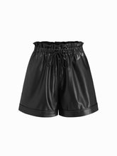 Faux Leather High Rise Elastic Waist Drawstring Ruffle Trim Shorts