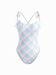 U-neckline Knotted Check One Piece Swimsuit