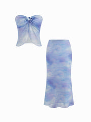 Mesh Illusion Knotted Bandeau Top & Mid Rise Maxi Skirt Set