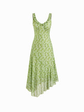 Mesh V-neck Floral Bowknot Ruffle Hem Maxi Dress