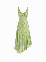 Mesh V-neck Floral Bowknot Ruffle Hem Maxi Dress