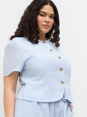 Ramie-blend Button Short Sleeve Blouse Curve & Plus