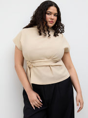 Stand Collar Belted Ruched Top Curve & Plus