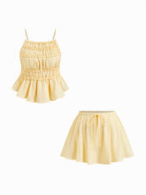 Cotton-blend Square Neck Shirred Top & Low Rise Ruffle Hem Mini Skirt Set