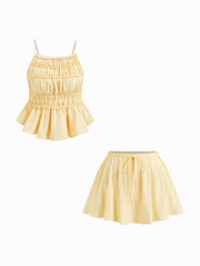 Cotton-blend Square Neck Shirred Top & Low Rise Ruffle Hem Mini Skirt Set