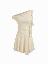 Lace Asymmetrical Neck Ruffle Hem Mini Dress