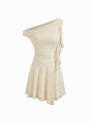 Lace Asymmetrical Neck Ruffle Hem Mini Dress