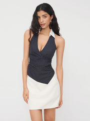 Polo Neck Stripe Ruched Shirred Asymmetrical Hem Top