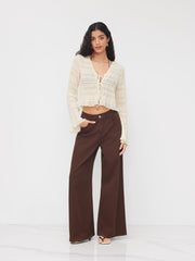 V-neck Shirred Tie Front Lettuce Trim See-through Blouse