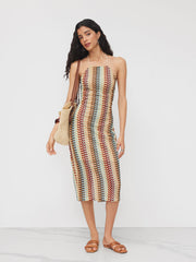 Halter Neckline Stripe Tie Back Backless Maxi Dress