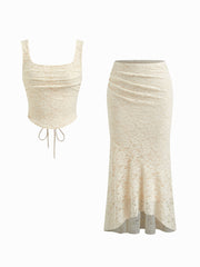 Lace U-neckline Tie Back Tank Top & Mid Rise Ruffle Mermaid Maxi Skirt Set