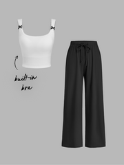 Built-in Bra Square Neck Bowknot Lace Trim Crop Tank Top & Mid Rise Drawstring Wide Leg Trousers Loungewear Set