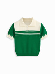 Knit Collar Stripe Button Short Sleeve Top