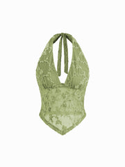 V-neck Halter Knotted Floral Mesh Tank Top