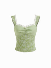 Cotton-blend Gingham Sweetheart Neckline Shirred Broderie Anglaise Trim Crop Top