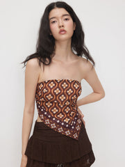 Linen-blend Geometric Shirred Asymmetrical Bandeau Top
