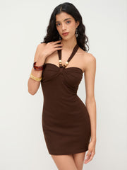 Halter Neckline Kontted Beaded Ruched Mini Dress
